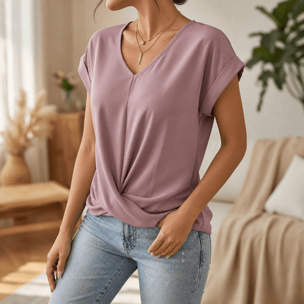 Women's Cap Sleeve Top with Twist Knot Front and V-Neck