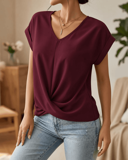 Women's Cap Sleeve Top with Twist Knot Front and V-Neck