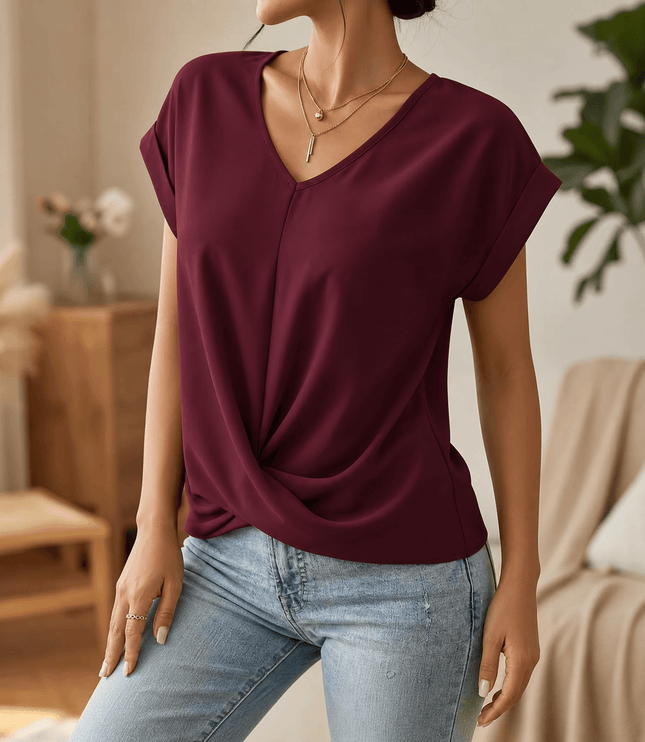 Women's Cap Sleeve Top with Twist Knot Front and V-Neck