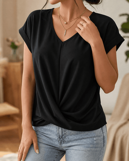 Women's Cap Sleeve Top with Twist Knot Front and V-Neck