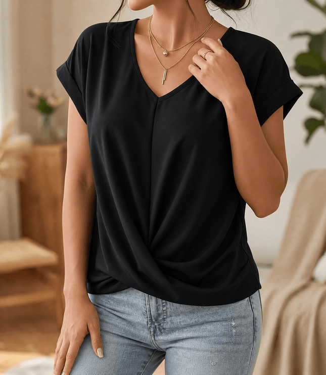 Women's Cap Sleeve Top with Twist Knot Front and V-Neck