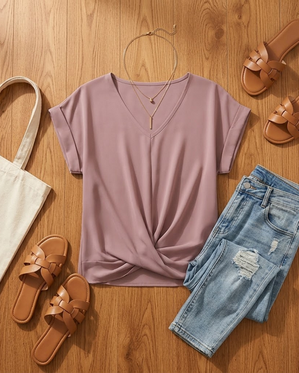 Women's Cap Sleeve Top with Twist Knot Front and V-Neck