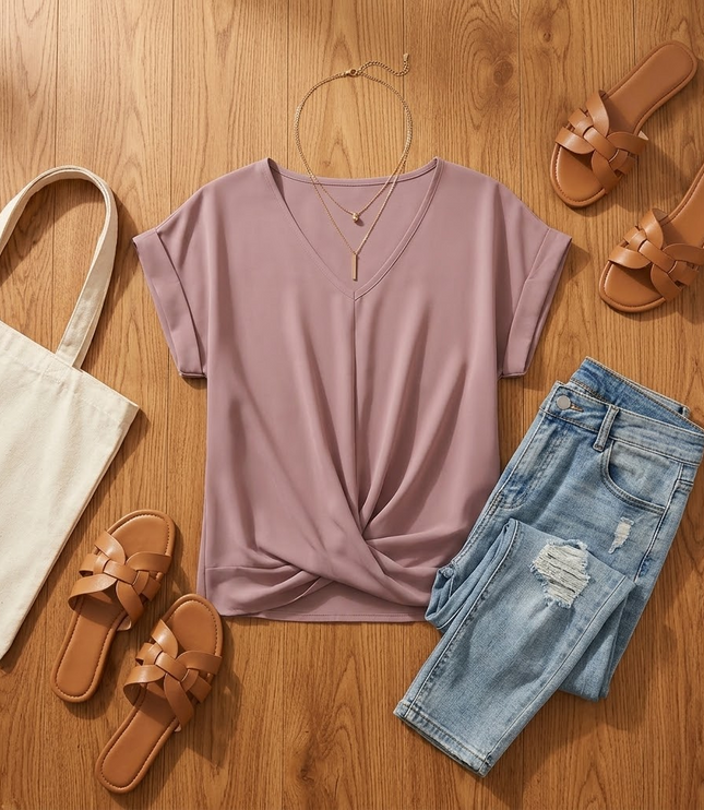 Women's Cap Sleeve Top with Twist Knot Front and V-Neck