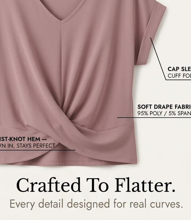 Women's Cap Sleeve Top with Twist Knot Front and V-Neck