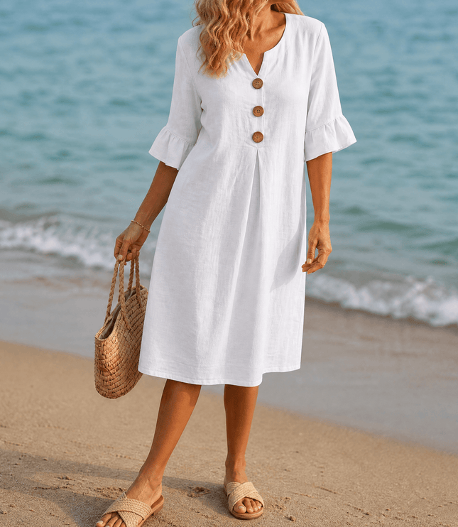 Women's Casual Midi Dress with Button Placket and Flutter Sleeve