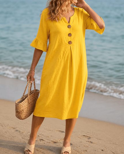 Women's Casual Midi Dress with Button Placket and Flutter Sleeve