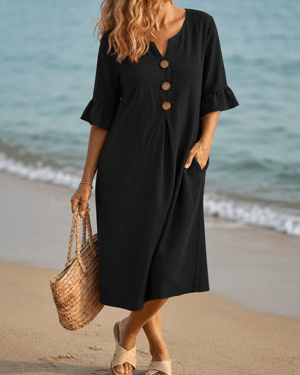 Women's Casual Midi Dress with Button Placket and Flutter Sleeve