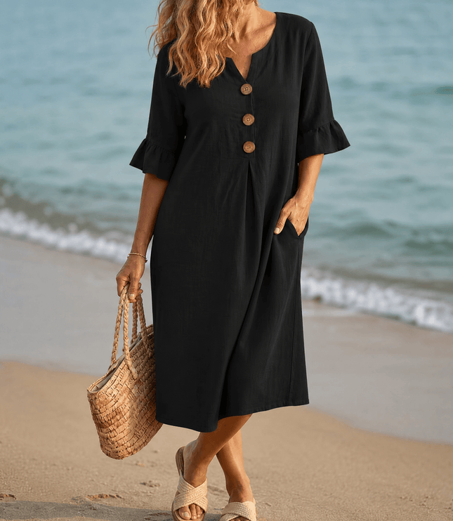 Women's Casual Midi Dress with Button Placket and Flutter Sleeve