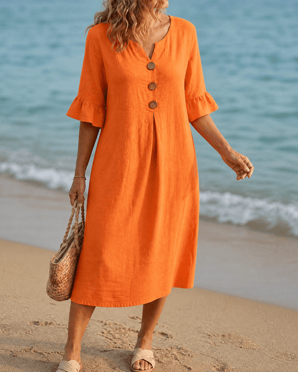 Women's Casual Midi Dress with Button Placket and Flutter Sleeve