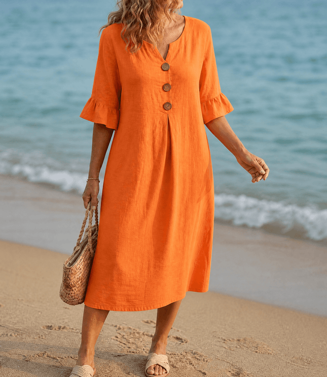 Women's Casual Midi Dress with Button Placket and Flutter Sleeve