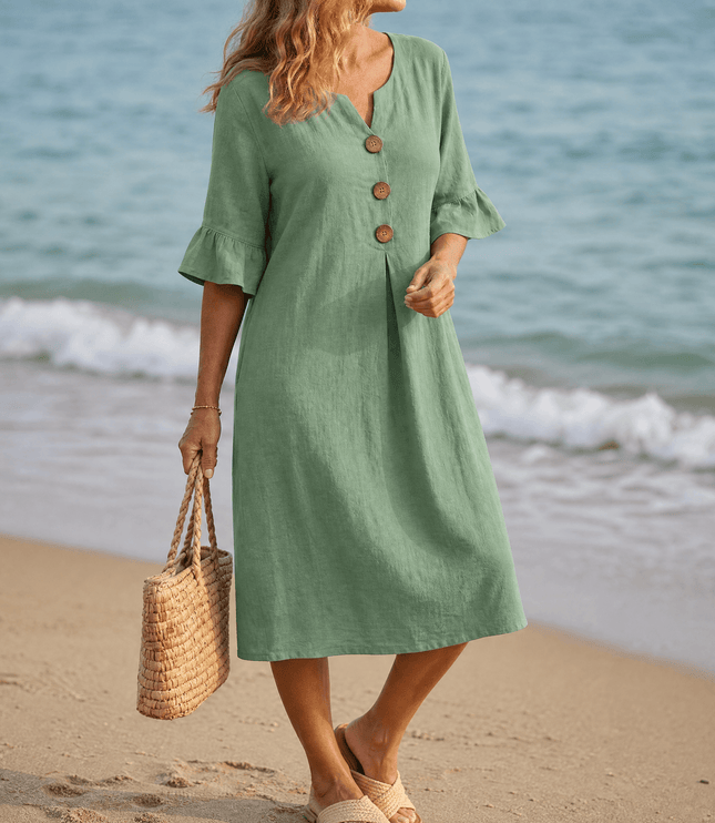 Women's Casual Midi Dress with Button Placket and Flutter Sleeve