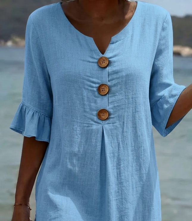 Women's Casual Midi Dress with Button Placket and Flutter Sleeve