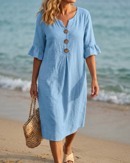 Women's Casual Midi Dress with Button Placket and Flutter Sleeve
