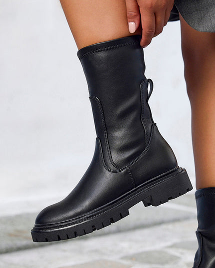Women's Chunky Sock Boots in Stretch Faux Leather