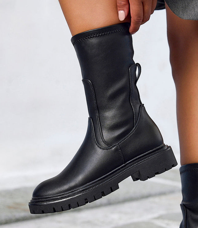Women's Chunky Sock Boots in Stretch Faux Leather