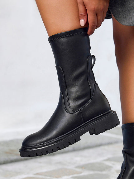 Women's Chunky Sock Boots in Stretch Faux Leather