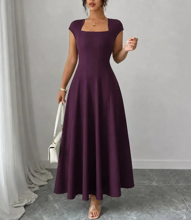 Women's Cocktail Maxi Dress with Square Neck and Cap Sleeves