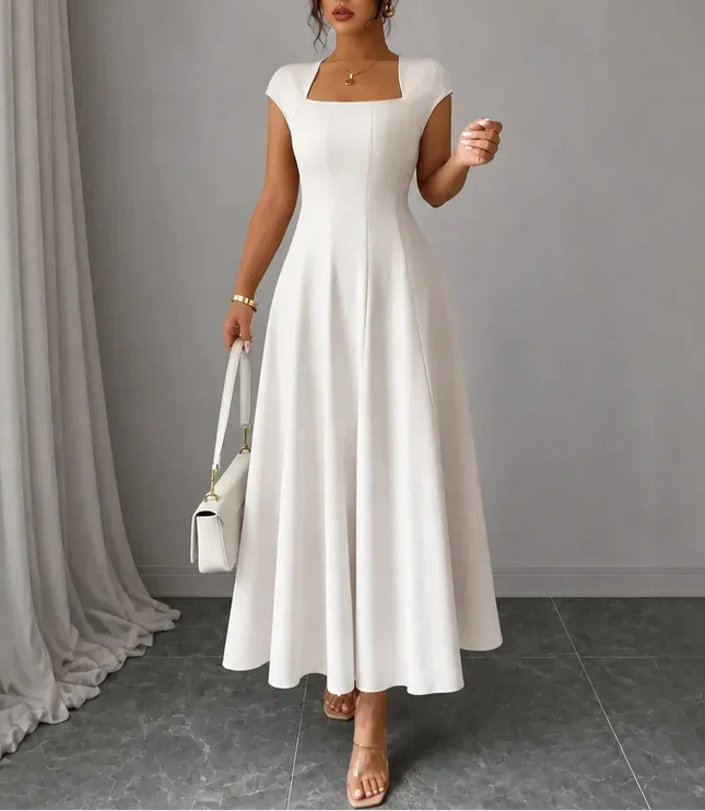 Women's Cocktail Maxi Dress with Square Neck and Cap Sleeves