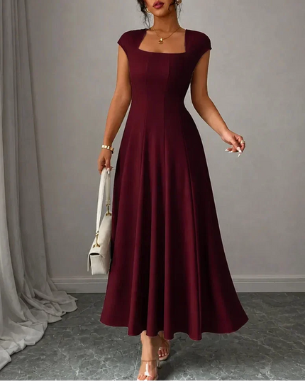 Women's Cocktail Maxi Dress with Square Neck and Cap Sleeves
