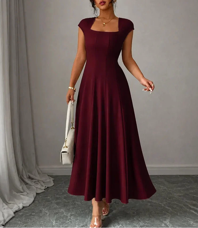 Women's Cocktail Maxi Dress with Square Neck and Cap Sleeves