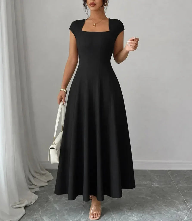 Women's Cocktail Maxi Dress with Square Neck and Cap Sleeves