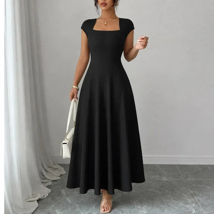 Women's Cocktail Maxi Dress with Square Neck and Cap Sleeves