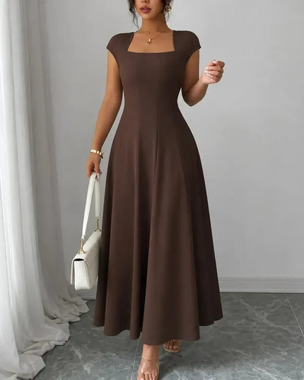 Women's Cocktail Maxi Dress with Square Neck and Cap Sleeves
