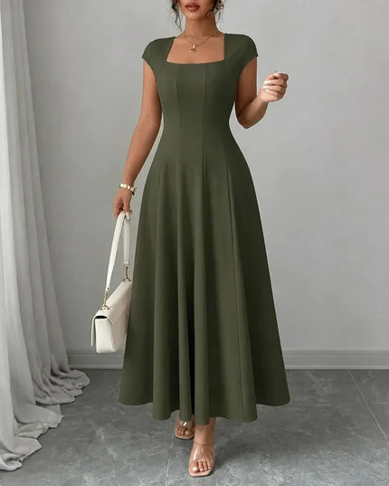 Women's Cocktail Maxi Dress with Square Neck and Cap Sleeves