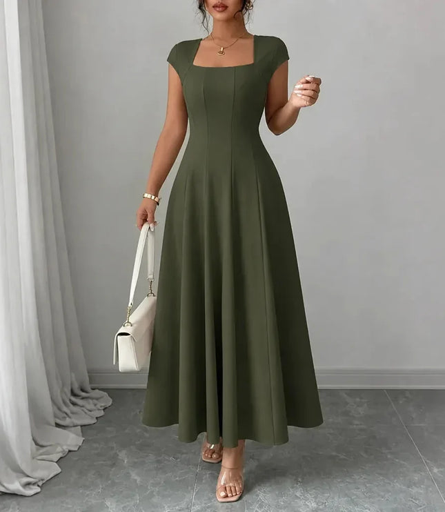 Women's Cocktail Maxi Dress with Square Neck and Cap Sleeves