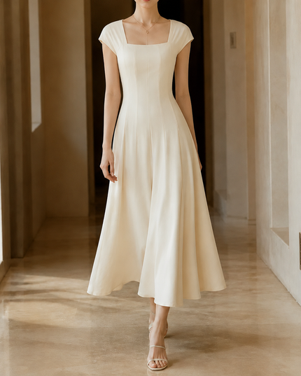 Women's Cocktail Maxi Dress with Square Neck and Cap Sleeves