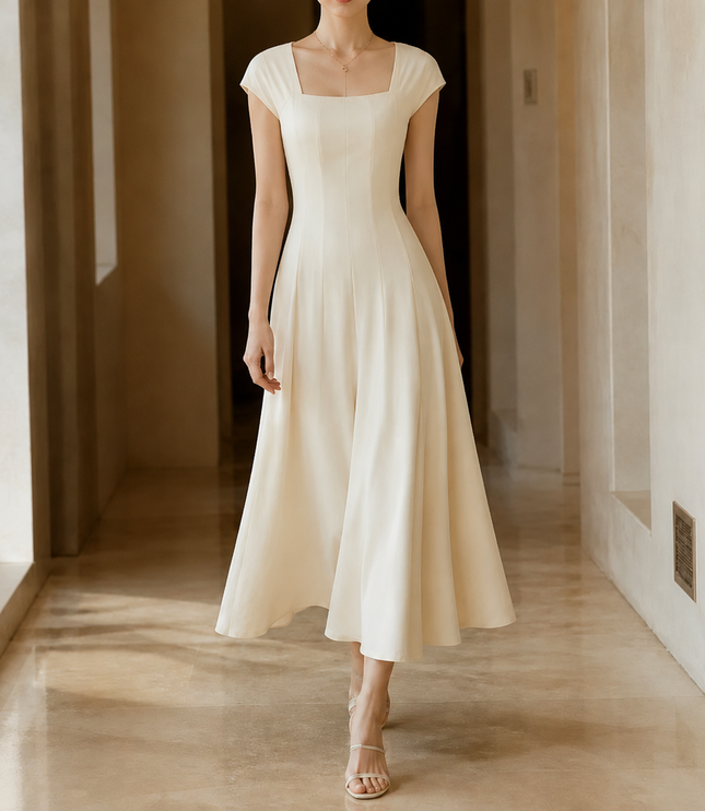 Women's Cocktail Maxi Dress with Square Neck and Cap Sleeves