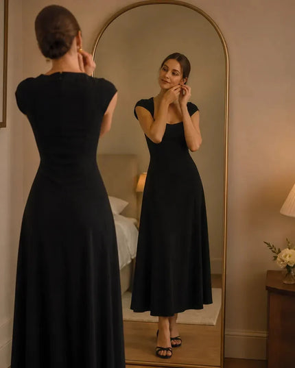 Women's Cocktail Maxi Dress with Square Neck and Cap Sleeves