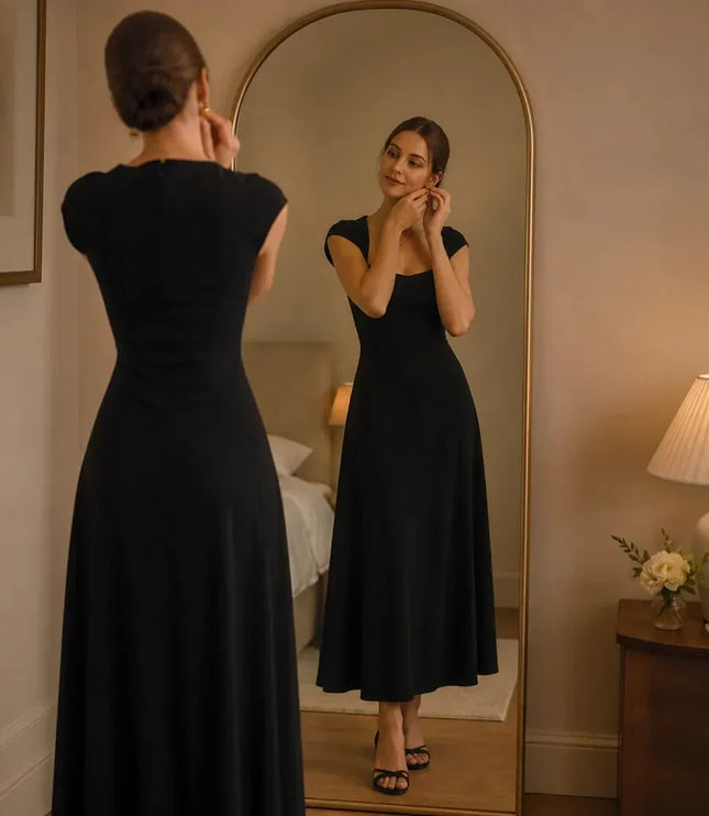Women's Cocktail Maxi Dress with Square Neck and Cap Sleeves