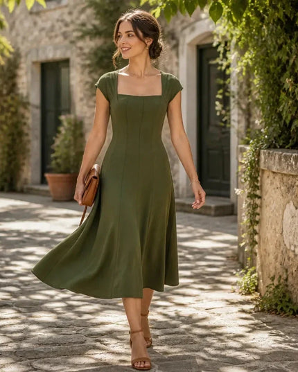 Women's Cocktail Maxi Dress with Square Neck and Cap Sleeves