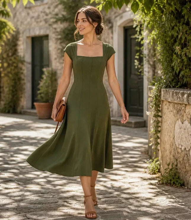 Women's Cocktail Maxi Dress with Square Neck and Cap Sleeves