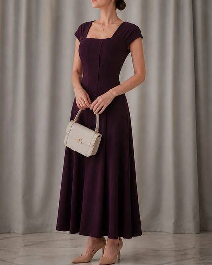 Women's Cocktail Maxi Dress with Square Neck and Cap Sleeves
