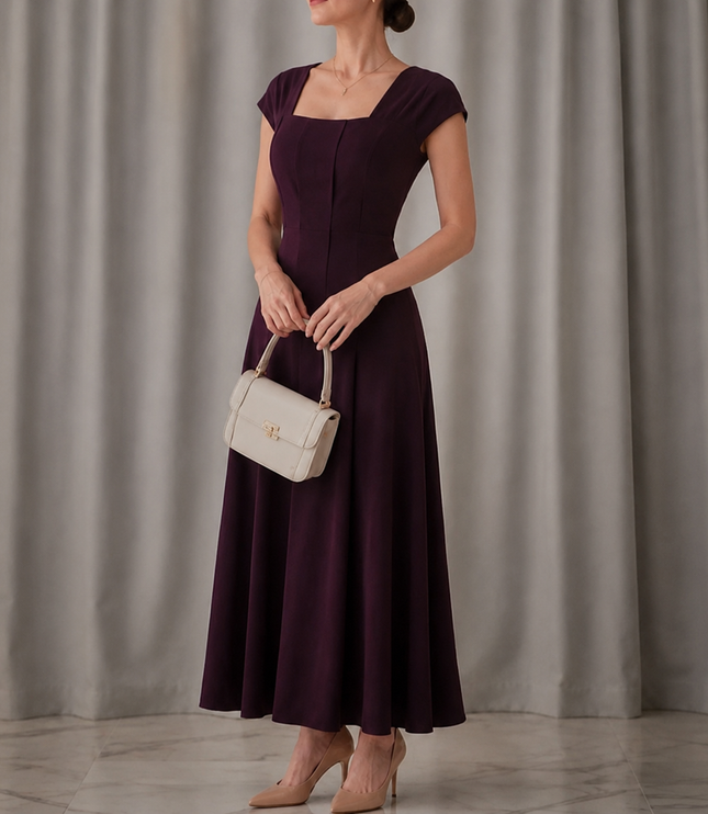Women's Cocktail Maxi Dress with Square Neck and Cap Sleeves