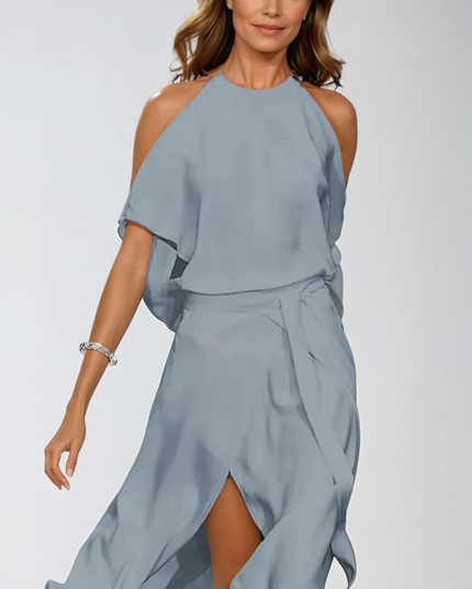 Women's Cocktail Midi Dress with Halter Neck and Cold Shoulders
