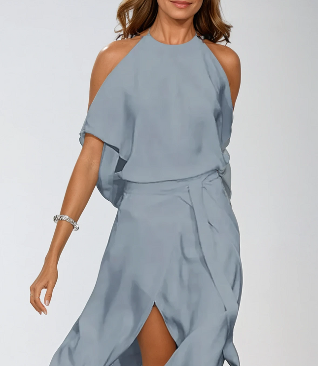 Women's Cocktail Midi Dress with Halter Neck and Cold Shoulders