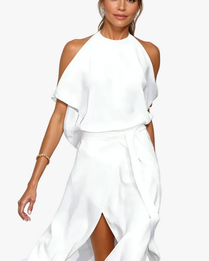 Women's Cocktail Midi Dress with Halter Neck and Cold Shoulders