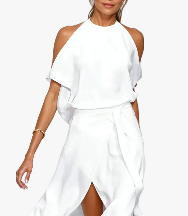 Women's Cocktail Midi Dress with Halter Neck and Cold Shoulders
