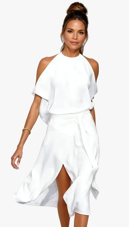 Women's Cocktail Midi Dress with Halter Neck and Cold Shoulders