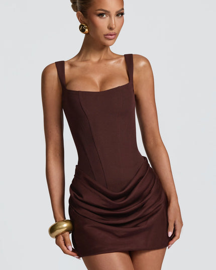 Close-up front view of brown square neck sleeveless mini dress