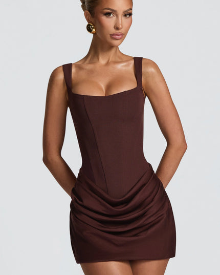 Brown square neck sleeveless mini dress with fitted bodice