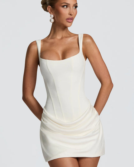 Ivory square neck sleeveless mini dress with draped skirt and pockets