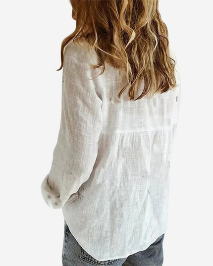 Women's Collared Blouse with Roll-Tab Sleeve and Button Front