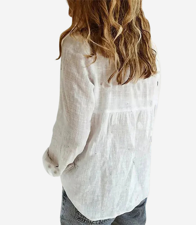 Women's Collared Blouse with Roll-Tab Sleeve and Button Front
