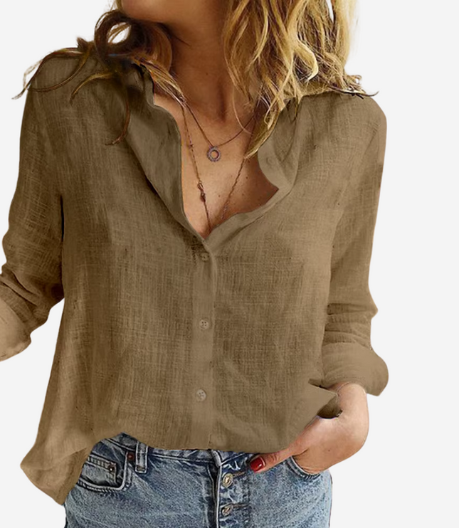 Women's Collared Blouse with Roll-Tab Sleeve and Button Front