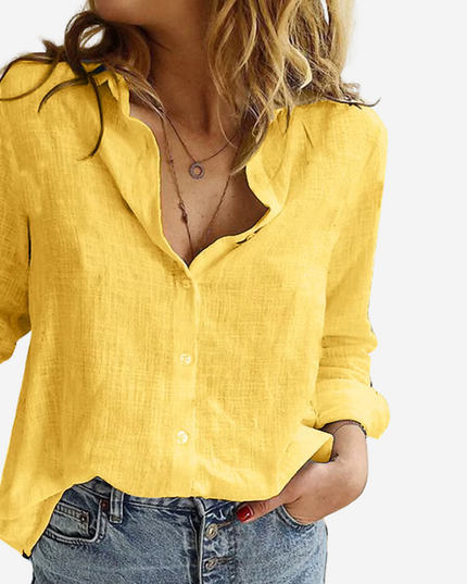 Women's Collared Blouse with Roll-Tab Sleeve and Button Front