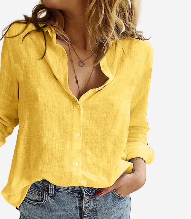 Women's Collared Blouse with Roll-Tab Sleeve and Button Front